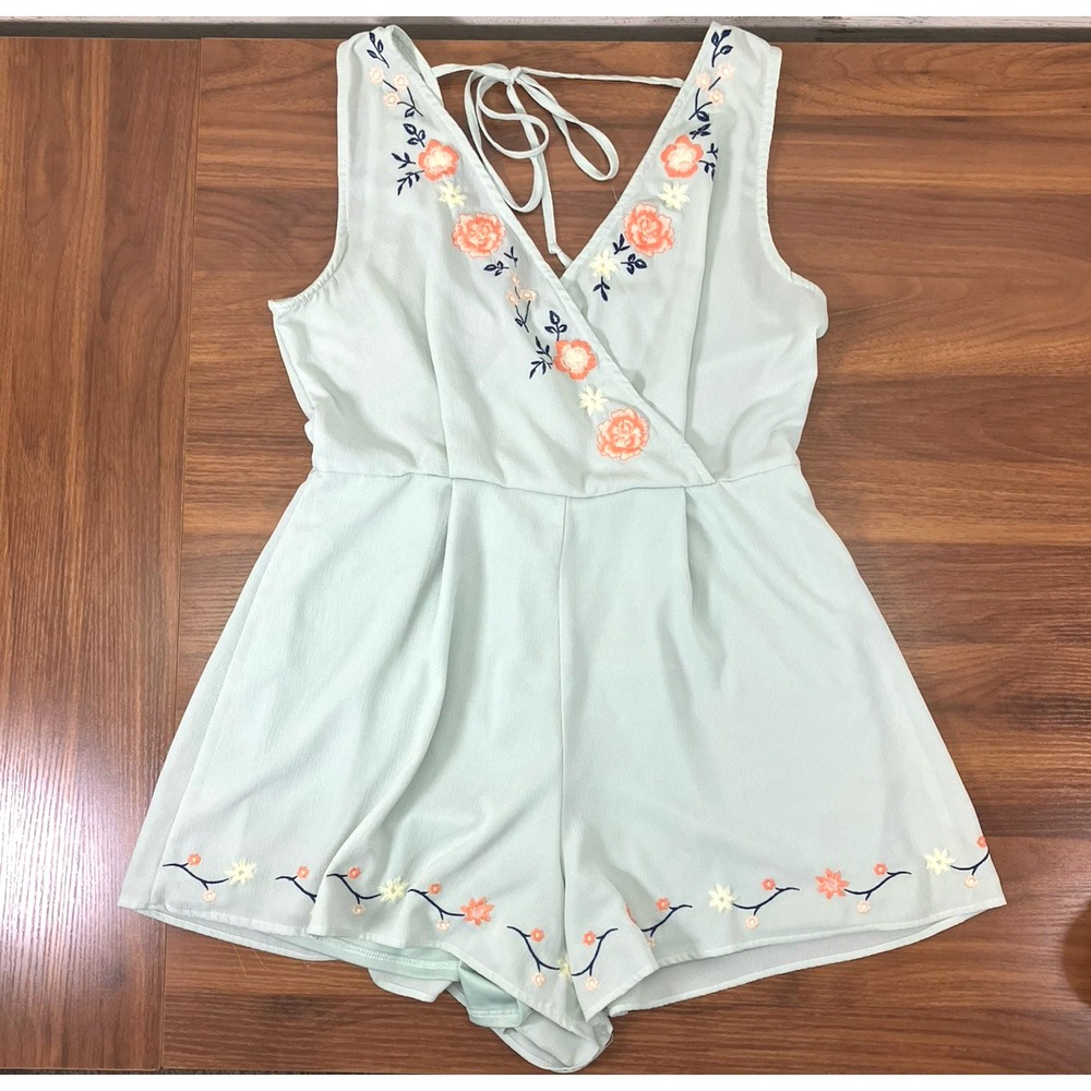 Altard State Womens Mint Green Floral Embroidered V Neck Tank Romper Romper Sz L